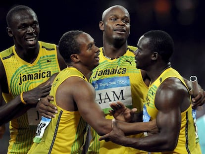 Os jamaicanos Usain Bolt, Michael Frater, Asafa Powell e Nesta Carter