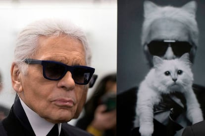 Karl Lagerfeld posa junto a un retrato de él mismo con su gata Choupette durante una visita a los talleres de Chanel en 2014.