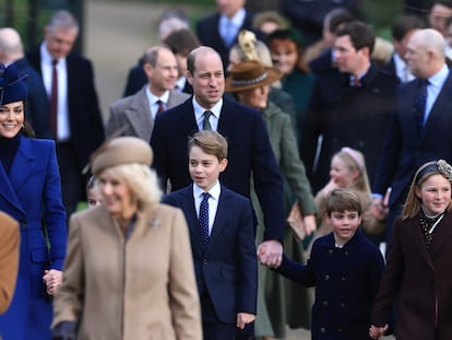 SANDRINGHAM, NORFOLK - DECEMBER 25: (L-R) King Charles III, Catherine, Princess of Wales, Queen Camilla, Prince George, Prince William, Prince of Wales, Prince Louis and Mia Tindall attend the Christmas Morning Service at Sandringham Church on December 25, 2023 in Sandringham, Norfolk. (Photo by Stephen Pond/Getty Images)