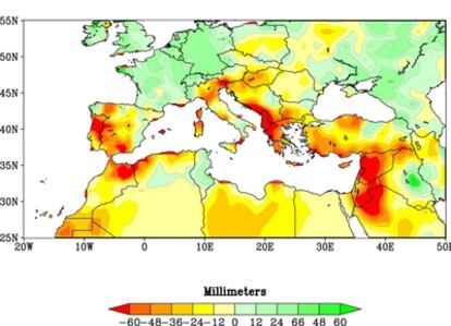 Las zonas marcadas en rojo y en naranja han experimentado inviernos especialmente secos desde 1971 a 2010, respecto a la media de 1902-2010.