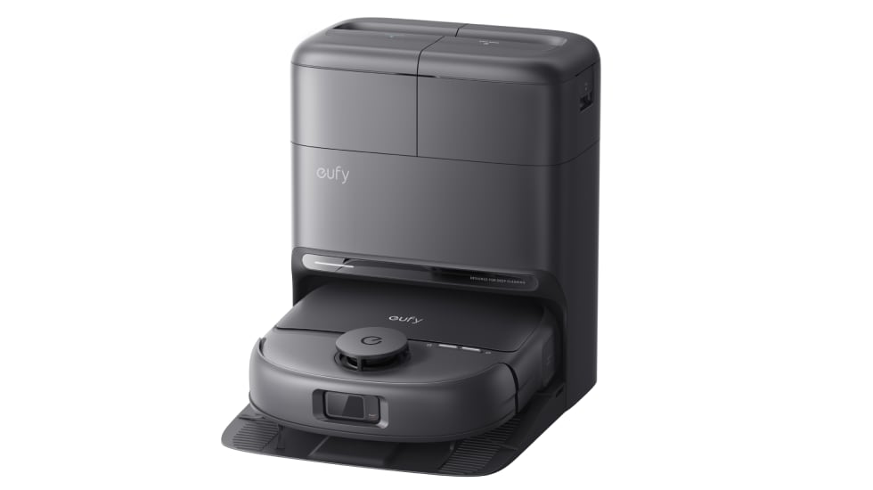 Vista frontal del robot aspirador y friegasuelos de la marca Eufy.