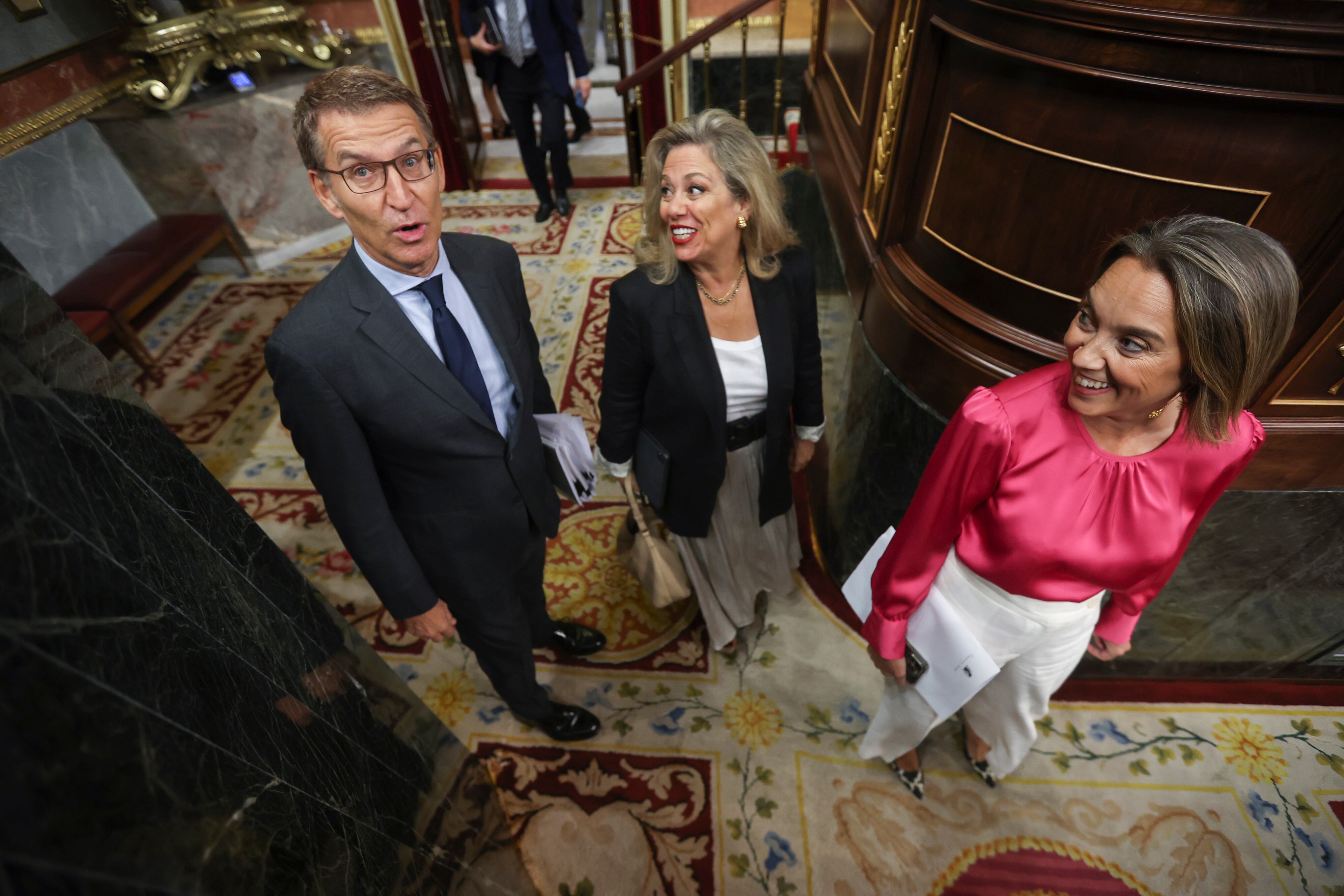 El candidato del PP a la presidencia del Gobierno, Alberto Núñez Feijóo, llega al hemiciclo en la segunda jornada del debate de investidura. 