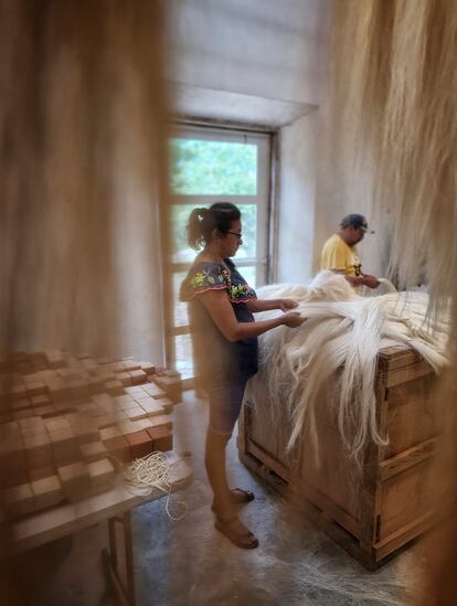 Trabajadores y artesanos locales trabajan la fibra del henequén en la hacienda.