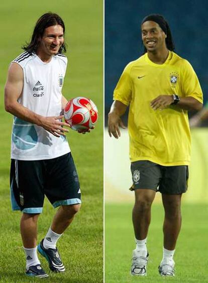 Messi y Ronaldinho, durante sendos entrenamientos con Argentina y Brasil.