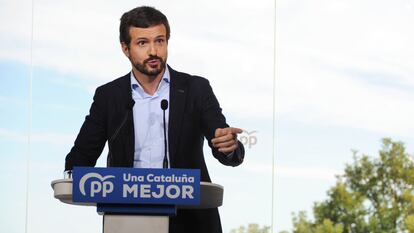 El presidente del PP, Pablo Casado, en un acto de la campaña de las elecciones catalanas.