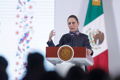 Claudia Sheinbaum durante su rueda de prensa matutina en Palacio Nacional, en Ciudad de México.