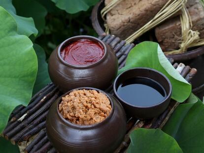 En la imagen, dos tipos de pasta: 'doenjang' (de soja fermentada simple) y 'gochujang' (con pimientos rojos picantes), y salsa de soja. Imagen proporcionada por la empresa Kisondo.