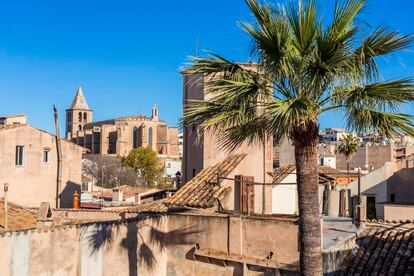 Spain, Balearic Islands, Majorca, Palma de Mallorca, Old City, Church of Santa Cruz (14th-15th century) view from the terrace of the Hotel Puro