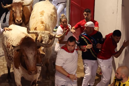 Varios corredores, en el callejón de la plaza de toros de Pamplona durante el tercer encierro de San Fermín.
