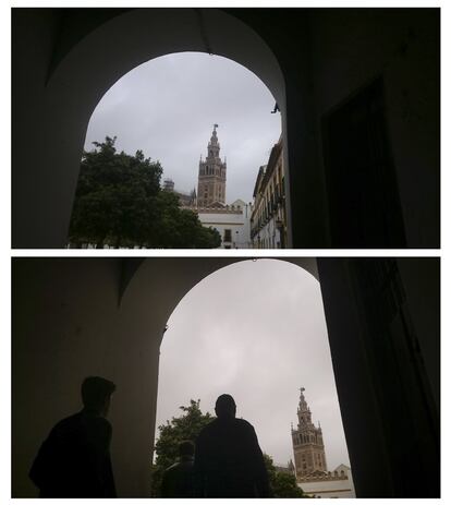 Nueva imagen de la Giralda desde el arco que une los Reales Alcázares con la Judería. En la foto inferior, el fotógrafo ha optado por enmarcar en el arco la torre de la catedral de Sevilla y la figura de los vecinos para dar movimiento y dirección de lectura a la fotografía.