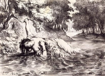 Otro cuadro de Delacroix sobre un personaje de Shakespeare: 'La muerte de Ofelia'. Óleo/lienzo, 23x30,5 cm. Museo del Louvre, París.