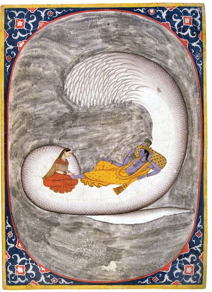 Visnú reposando sobre la serpiente Ananta, ca. 1770-1775. (Ilustración de la Bhagavad Gita de Errata Naturae).