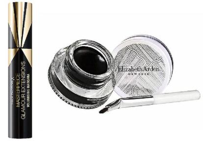 A la izquierda, Masterpiece Glamour Extensions 3 en 1, de Max Factor (15,99 euros). Para conseguir más volumen, extender una doble capa de esta máscara de pestañas. A la derecha, Sunkissed Pearls Gel Eye Liner, de Elizabeth Arden (22,50 euros). Este producto puede emplearse como sombra o perfilador de ojos. Fácil de aplicar.