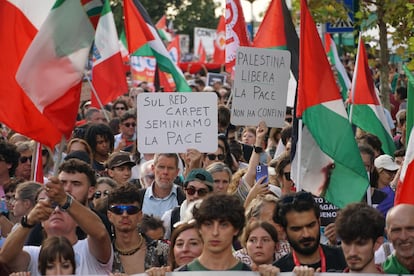 Manifestación a favor de Palestina con motivo del Festival de Cine de Venecia, el 30 de agosto de 2025.