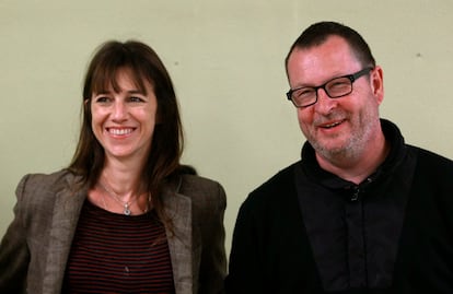 Director Von Trier and Gainsboug pose on the film set of 'Nymphomaniac' at a former primary school in Cologne