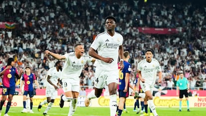 Tchouameni celebra su gol al Barcelona en la final de la Copa del Rey hace dos semanas.