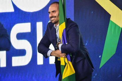 El diputado Eduardo Bolsonaro en la apertura de la conferencia conservadora el viernes en São Paulo.