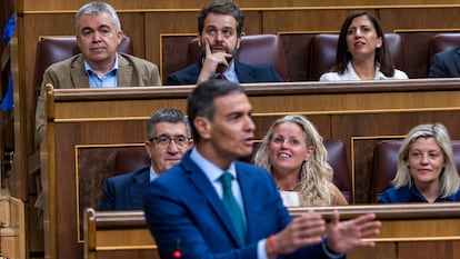 Sánchez, en una sesión de control al Gobierno, con Santos Cerdán al fondo, el 11 de junio.