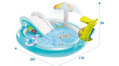 piscina para niños hinchable con tobogán, cocodrilo, patito y sombrilla.
