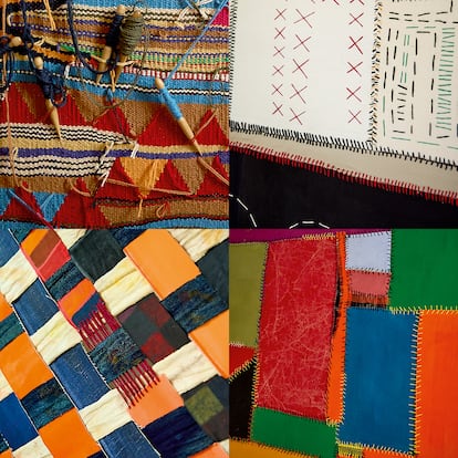Cuatro estilos diferentes de trabajar el textil que emplea en sus piezas: la tejeduría, los pespuntes, el trenzado tipo cestería y los zurcidos.