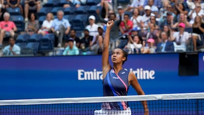 Leylah Fernandez, of Canada, reacts after scoring a point against Elina Svitolina, of Ukraine, during the quarterfinals of the US Open tennis championships, Tuesday, Sept. 7, 2021, in New York. (AP Photo/Elise Amendola)