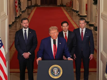 President Donald Trump speaks from the East Room of the White House in Washington, Saturday, June 21, 2025, after the U.S. military struck three Iranian nuclear and military sites, directly joining Israel's effort to decapitate the country's nuclear program, as Vice President JD Vance, Secretary of State Marco Rubio and Defense Secretary Pete Hegseth listen. (Carlos Barria/Pool via AP)