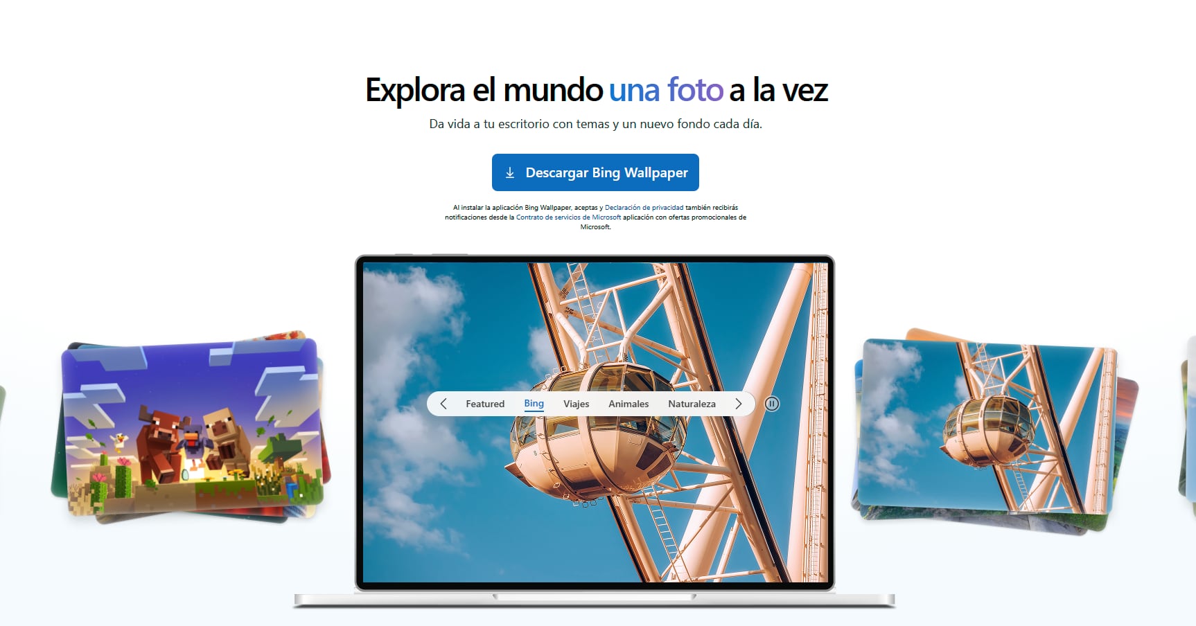 Vista frontal de la aplicación de imágenes Bing Wallpaper.