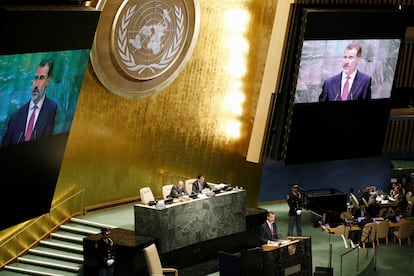 El rey, Felipe VI, durante su intervención ante el plenario de la 71ª edición de la Asamblea General de las Naciones Unidas en Nueva York, en 2016.