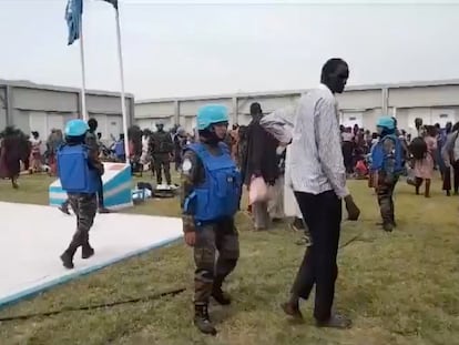 Locals gather at a UN peacekeeper camp following deadly attacks, in Dokura, Abyei region, Sudan-South Sudan border area, January 28, 2024.