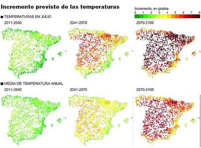 Incremento previsto de las temperaturas.