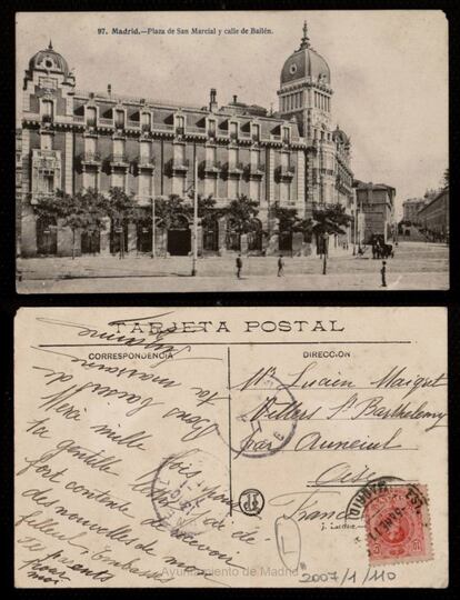 Edificio de la Compañía Asturiana de Minas, en la esquina de la entonces plaza de San Marcial y la calle Bailén. El edificio es de finales del siglo XIX, décadas antes del proyecto de reforma de la zona de Carrasco-Muñoz.