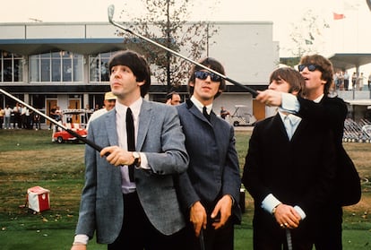 Paul McCartney, George Harrison, Ringo Starr and John Lennon with golf clubs in a mid-1960s photo shoot.
