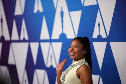 Yalitza Aparicio, a su llegada a la comida de los nominados a los Oscar.