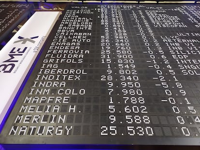 Panel de la Bolsa de Madrid con cotizaciones del Ibex 35.