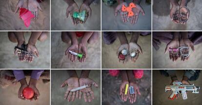 Combinación de imágenes que muestra a los niños rohingya con objetos que usan como juguetes para entretenerse en los campamentos de refugiados en Cox's Bazar de Bangladés