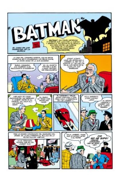 Primera página de Batman en el cómic, las viñetas que abren el 'Detective comics #27'.