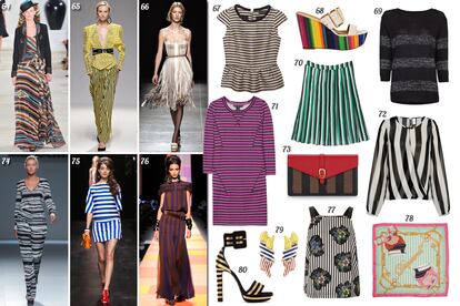 64. Ralph Lauren Collection. 65. Balmain. 66. Bottega Veneta. 67. Pedro del Hierro Top peplum. 68. Nine West Sandalia de cuña con tiras de piel. 69. Mango Jersey en negro y plata. 70. Marni Falda plisada. 71. Marc by Marc Jacobs Vestido de algodón. 72. Vila para El Armario de la Tele Blusa cruzada de gasa. 73. Fendi Clutch con solapa de piel roja. 74. Ángel Schlesser. 75. Moschino. 76. Jean Paul Gaultier Haute Couture. 77. Topshop Top de tirantes con print de rayas y flores. 78. Dsquared2 Pañuelo de seda. 79. Bimba & Lola Pendientes con formas geométricas. 80. Saint Laurent Sandalia en negro y oro con pulsera al tobillo.