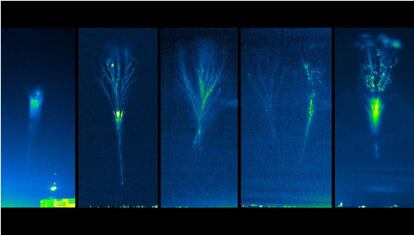 Secuencia de un jet gigante captado por los investigadores en Colombia. Como las cámaras sensibles utilizadas son monocromáticas, el software colorea las imágenes solo por su intensidad, apareciendo tonos azulados y verdes (aunque por encima de 35-40 km estos jets son rojizos en la realidad).