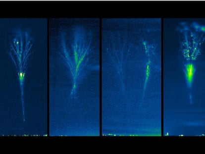 Seqüència d'un 'jet' gegant captat pels investigadors a Colòmbia. Com que les càmeres sensibles utilitzades són monocromàtiques, el programari acoloreix les imatges només per la seva intensitat, i apareixen tons blavosos i verds (encara que per sobre de 35-40 km aquests 'jets' són vermellosos en la realitat).