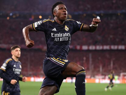 Vinicius celebra el gol ante el Bayern.