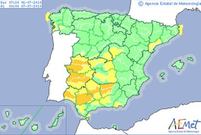 Mapa de las alertas de la Aemet.