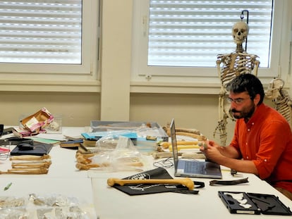 Los investigadores Franck Guy y Guillaume Daver analizan huesos en su laboratorio de la Universidad de Poitiers.