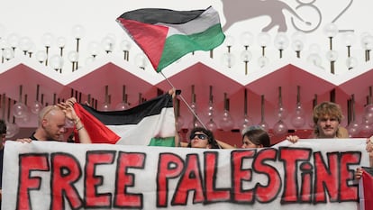 Several pro-Palestinian protesters today on the red carpet at the Venice Film Festival.