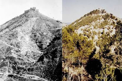Castillo de Jalance (Valencia), en 1906 y 1994.