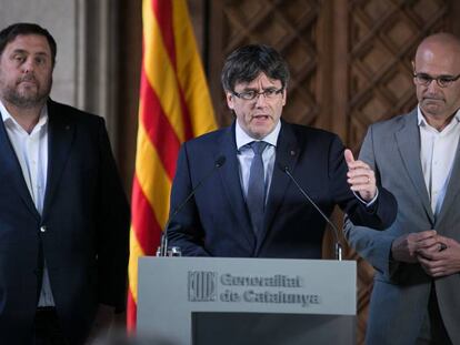 Puigdemont, Junqueras i Romeva, aquest dilluns. 