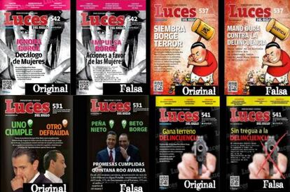 Cuatro de las portadas falsificadas de la publicaci&oacute;n. 