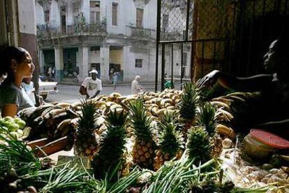 Una mujer vende frutas y verduras en un <b><i>agromercado</b></i> de La Habana.