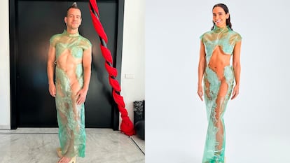 Dabiz Muñoz se prueba vestido con el que Cristina Pedroche despidió el año 2023, publicada en redes sociales.