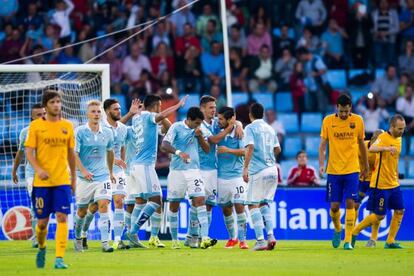 Los jugadores del Celta celebran el gol de Nolito al Barça.