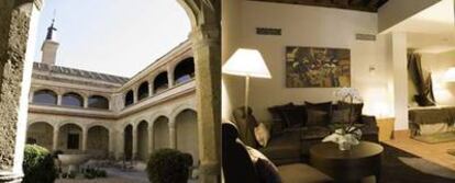 A la izquierda, claustro del siglo XV del monasterio segoviano de San Antonio el Real, convertido en hotel. A la derecha, salón y dormitorio de una de las habitaciones.